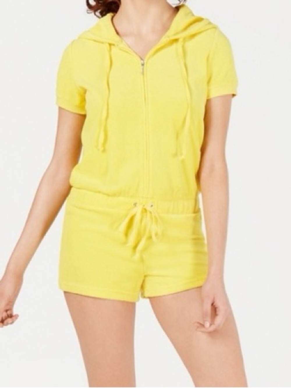 Juicy Couture yellow terry cloth Y2K style zipper front hoodie romper